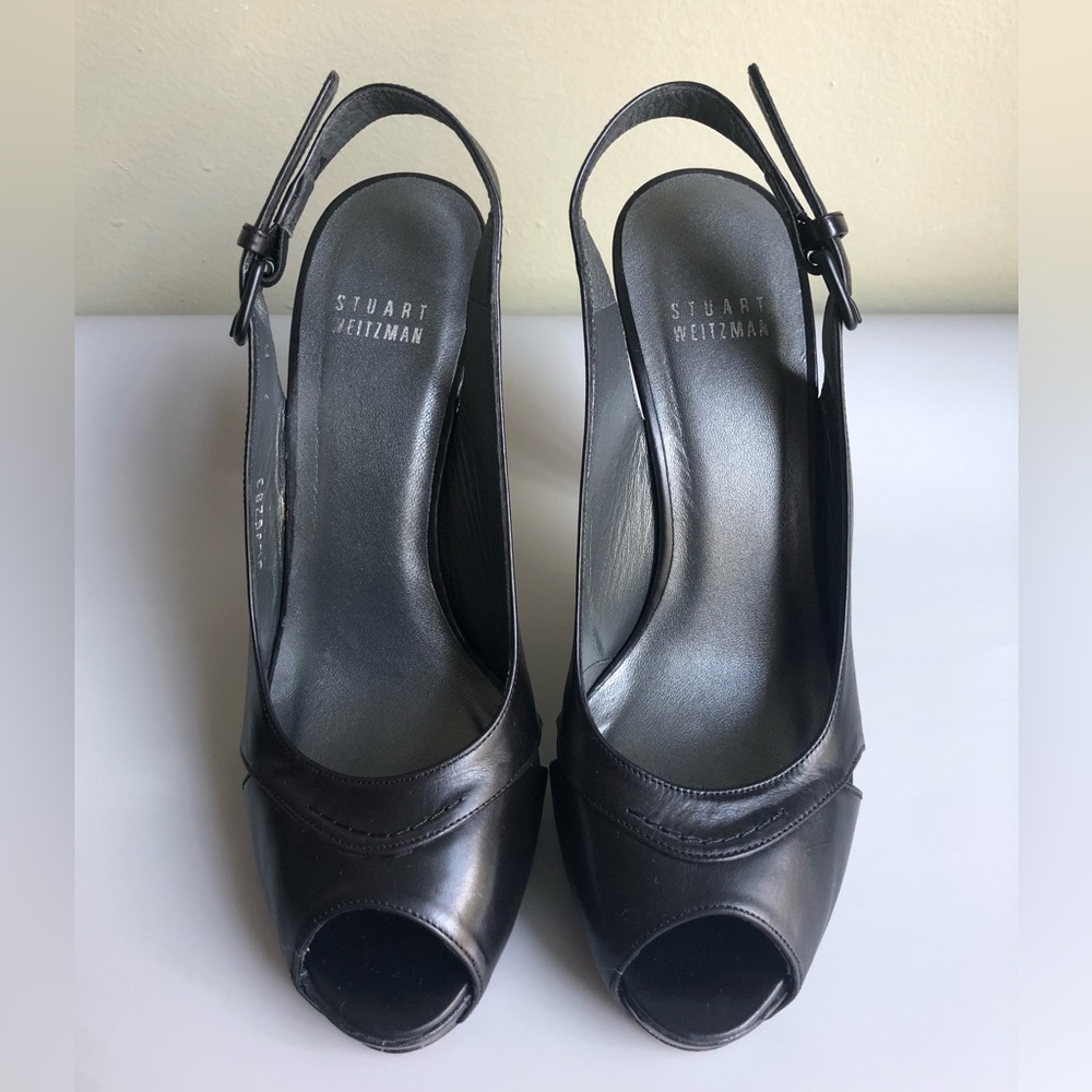 Stuart Weitzman Black Patent Leather Peep Toes Strappy Heels Women's Size: US 7